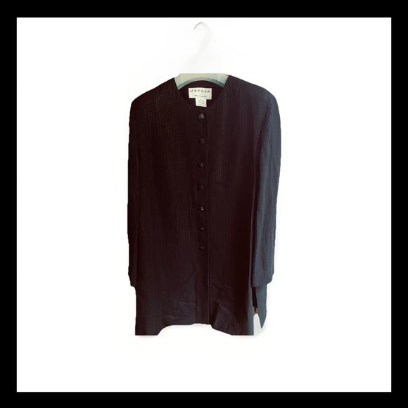 JAEGER Vintage Black Relax Shine Long Blouse Long Sleeve Great Britain Size L - Picture 13 of 13